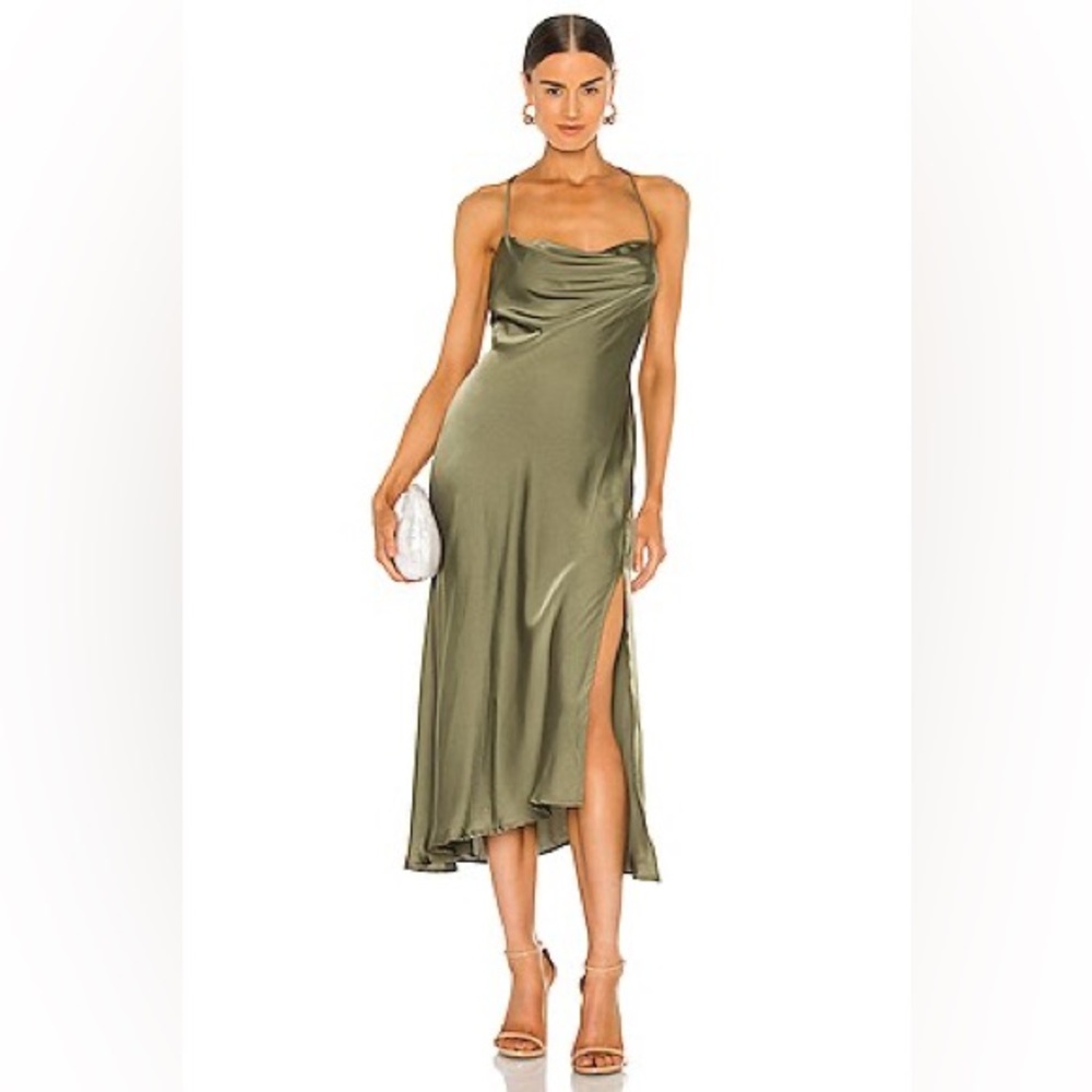 ASTR The Label Gaia Satin Midi Dress Size Small Sage Green Slit NWT